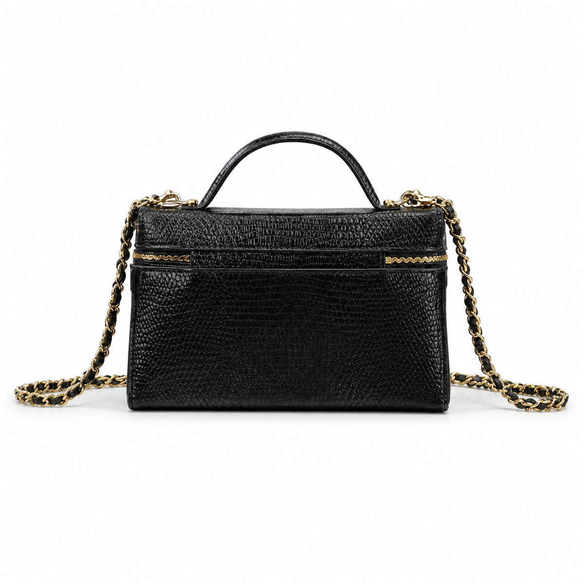 Chanel Black Iridescent Lizard-Embossed Vanity Case | Double Gold Chain — 18cm