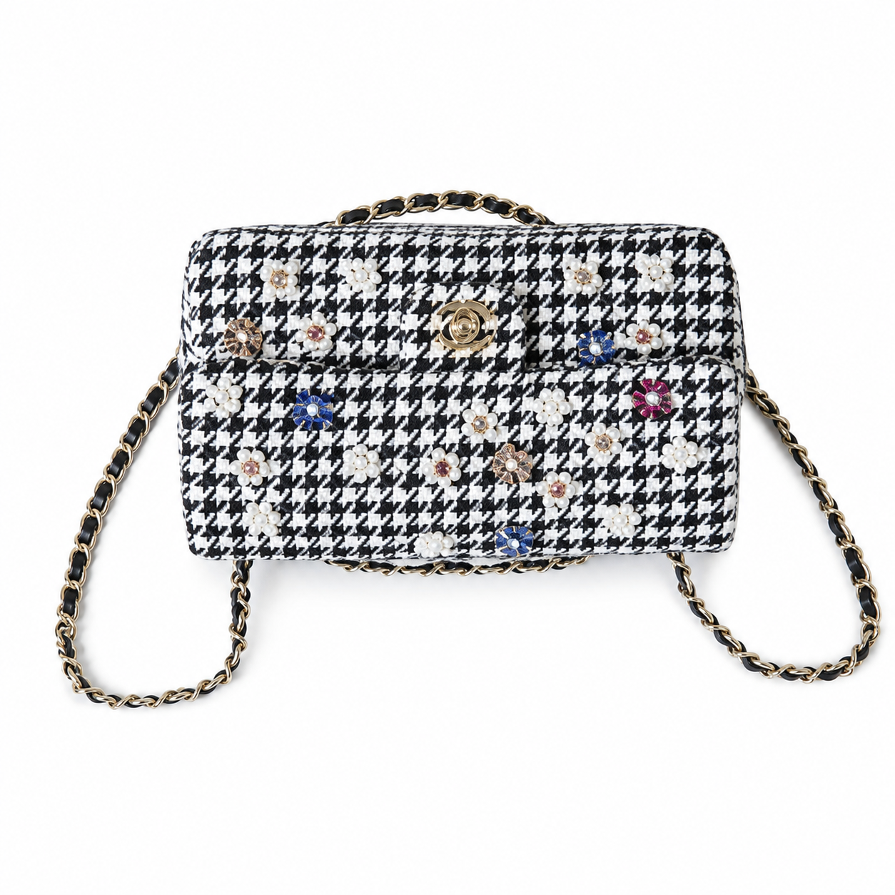 Chanel Black & White Houndstooth Tweed Box Bag with Pearl & Crystal Flower Embellishments