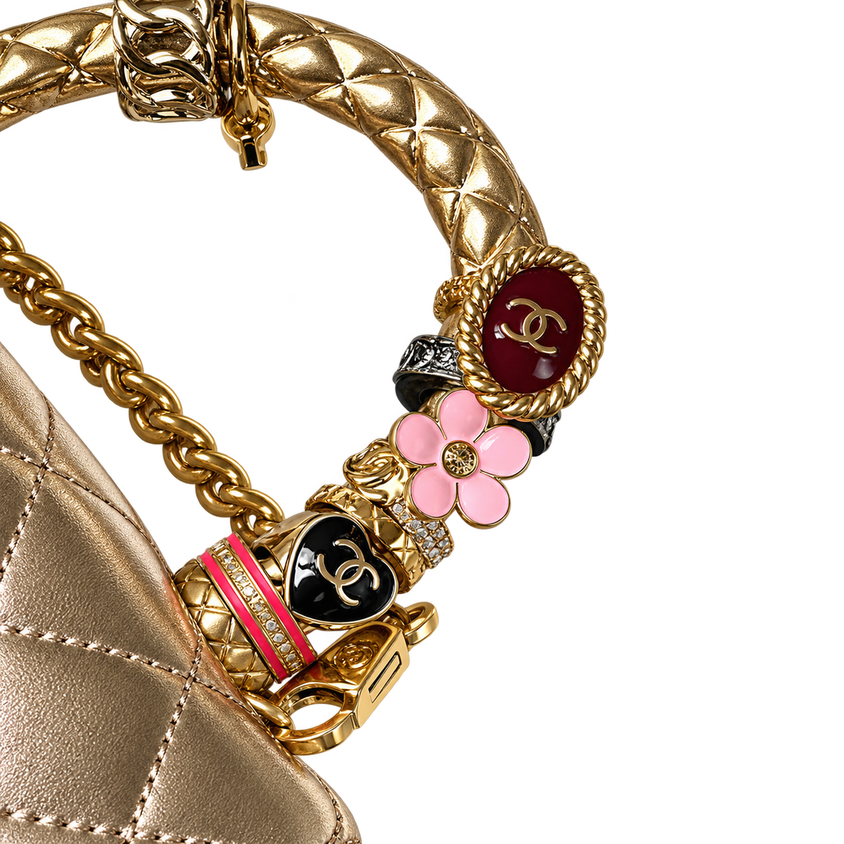 Chanel Champagne Gold Quilted Lambskin Mini Flap | Camellia Turn-Lock & Jeweled Handle — 19cm