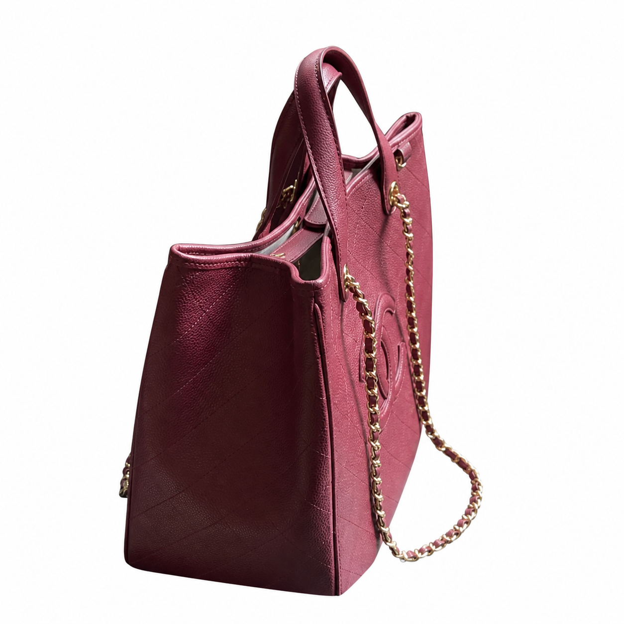 Chanel Burgundy Calfskin Large Shopping Tote | Raised CC & Gold Chain — 36cm