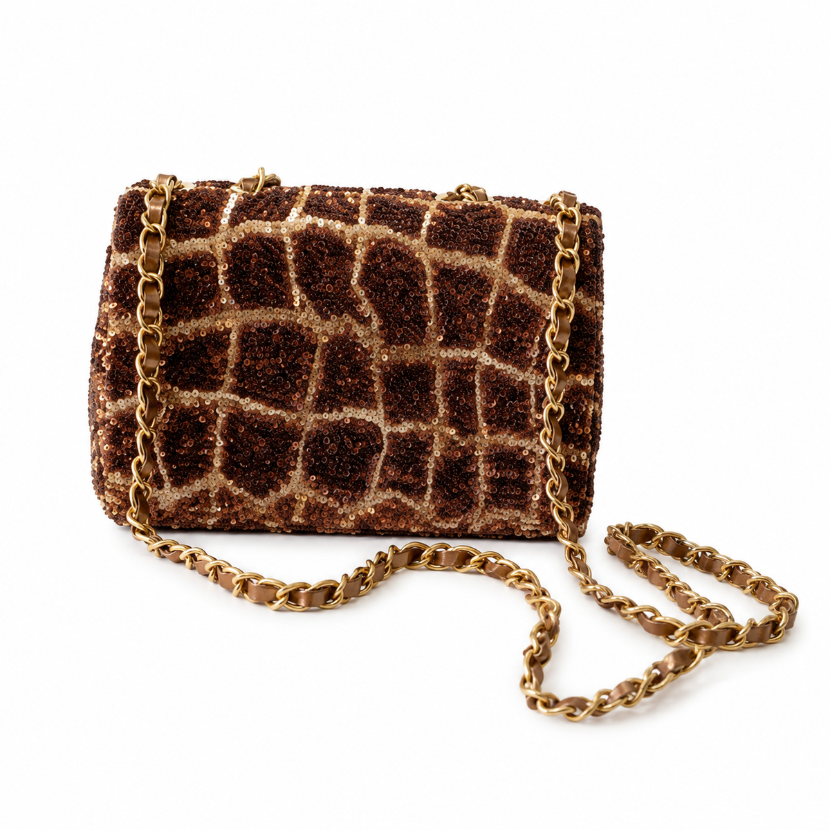 Chanel Chocolate Seed Bead & Champagne Gold Sequin Giraffe-Print Flap Bag | Antique Gold CC & Brown Leather Chain