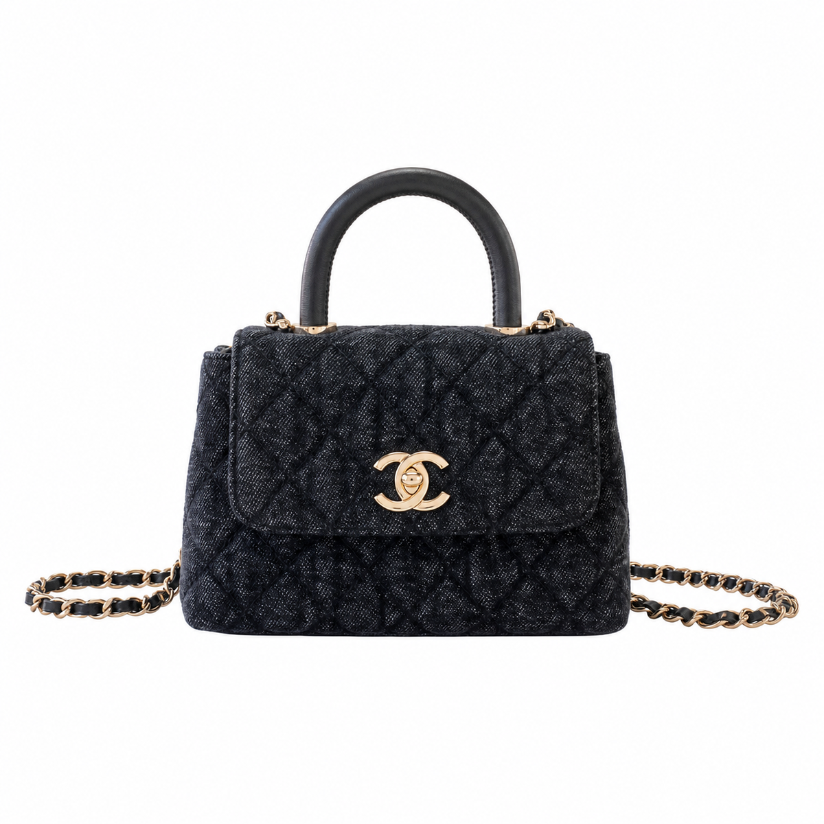 Chanel Coco Handle Quilted Denim Mini Flap | Charcoal & Gold CC — 11cm
