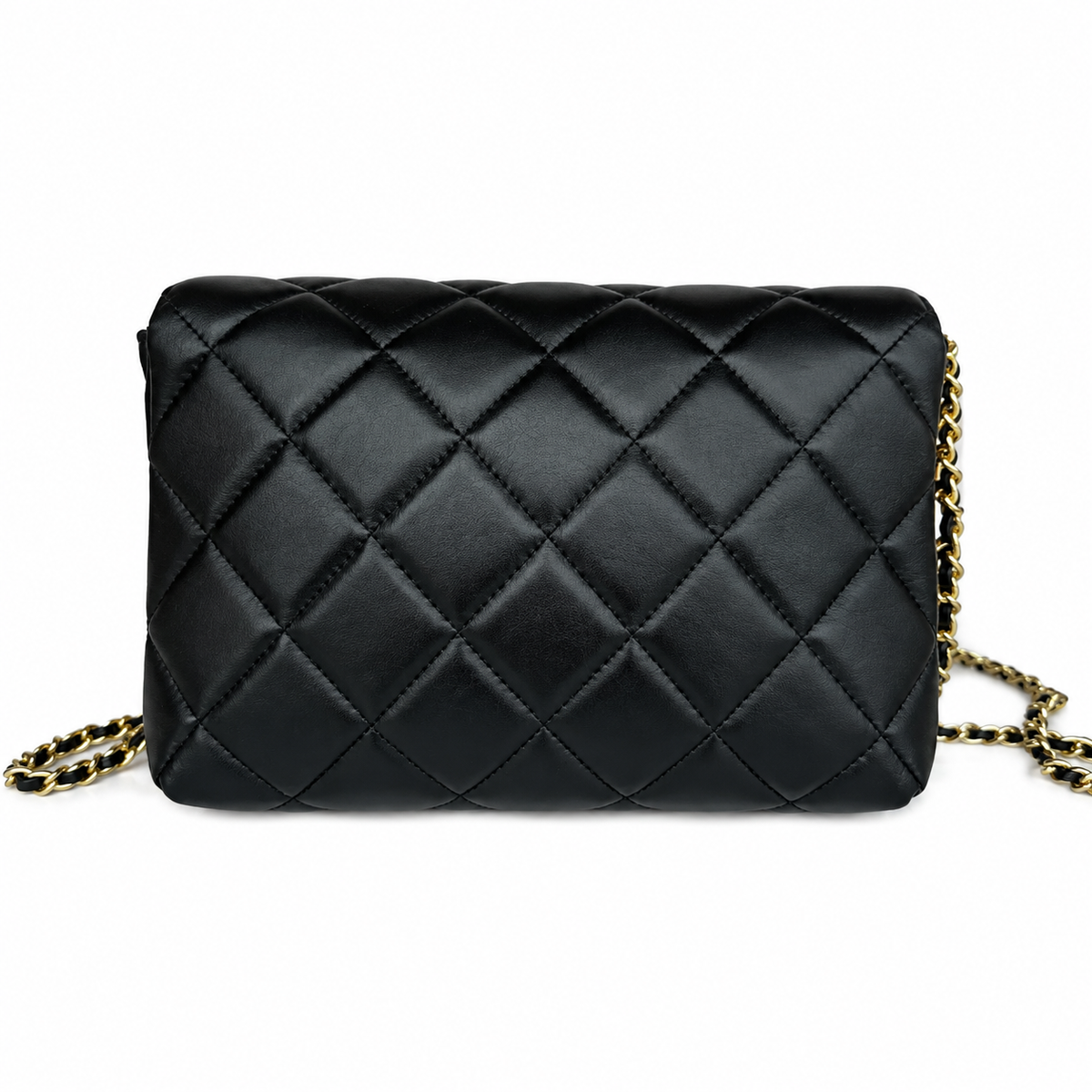 Chanel Quilted Flap Bag | Pearl Chain Crystal Letter Charm Gold CC Black — 23x15cm