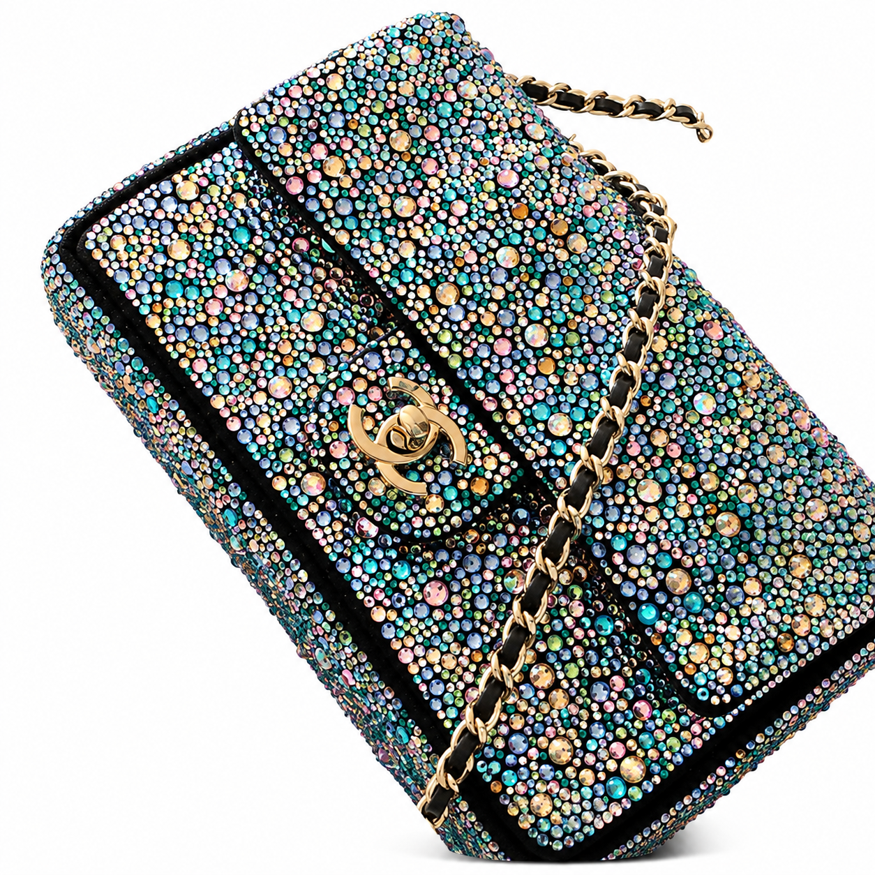 Chanel Teal & Aurora Borealis All-Over Rhinestone Flap Bag | Mixed-Size Multicolour Crystals & Gold CC Turn-Lock