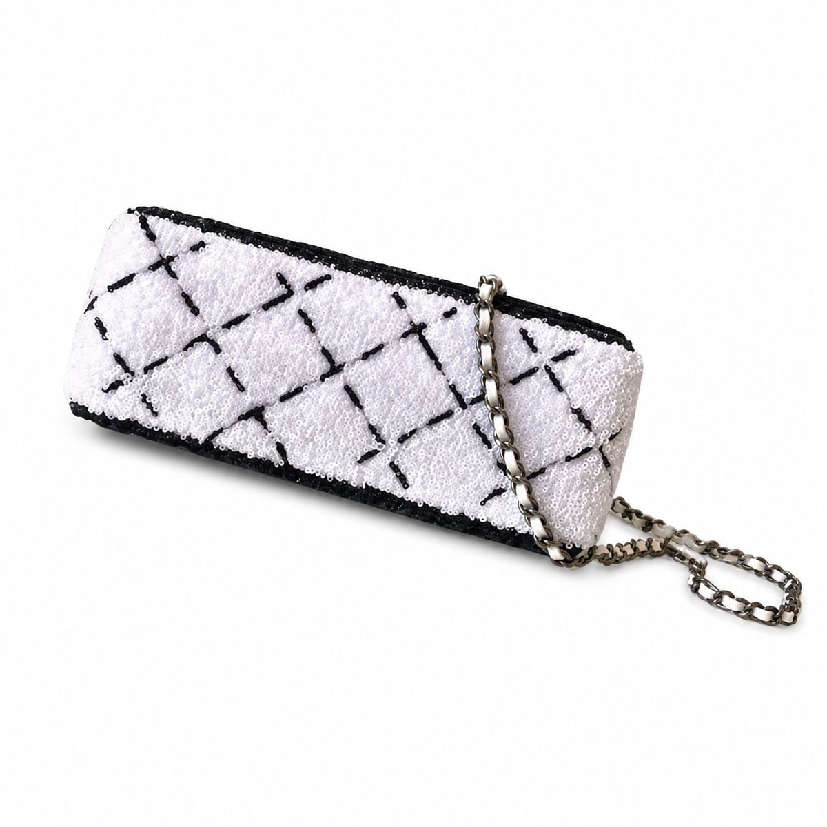Chanel White & Black Sequin Quilted Diamond Evening Clutch | Two-Scale Composition, White Leather Interior & Gunmetal Chain