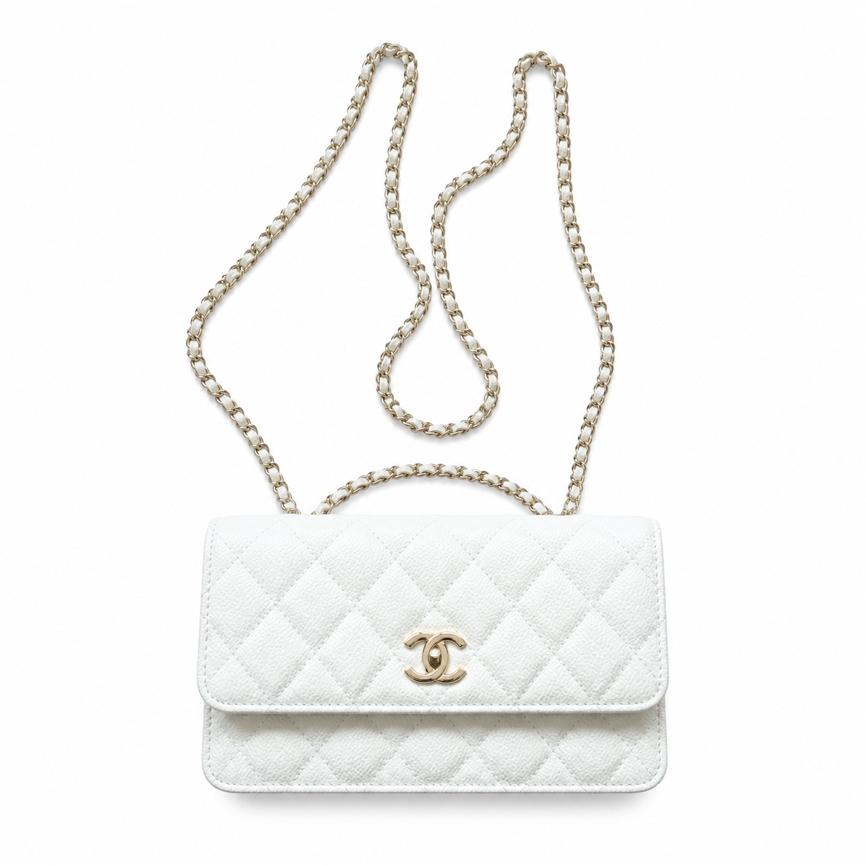 Chanel Wallet on Chain WOC White Caviar | Light Gold CC Clasp & Silver Chain — 19cm
