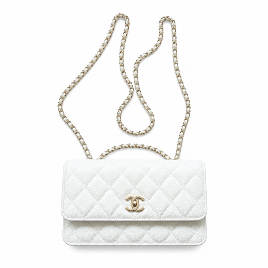 Chanel Wallet on Chain WOC White Caviar | Light Gold CC Clasp & Silver Chain — 19cm