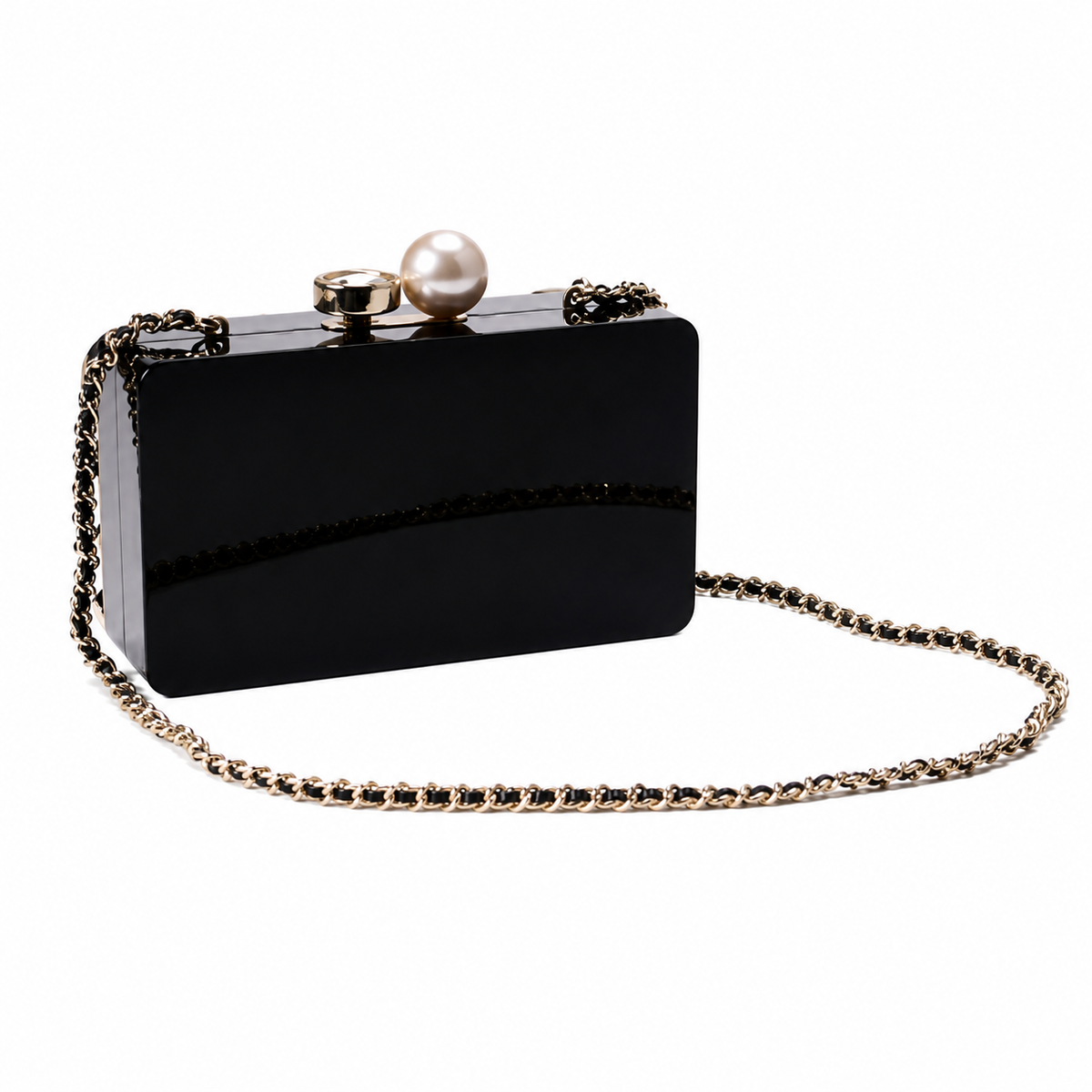Chanel CC Crystal & Pearl Box Clutch | Black Lacquer & Gold Chain — 16cm