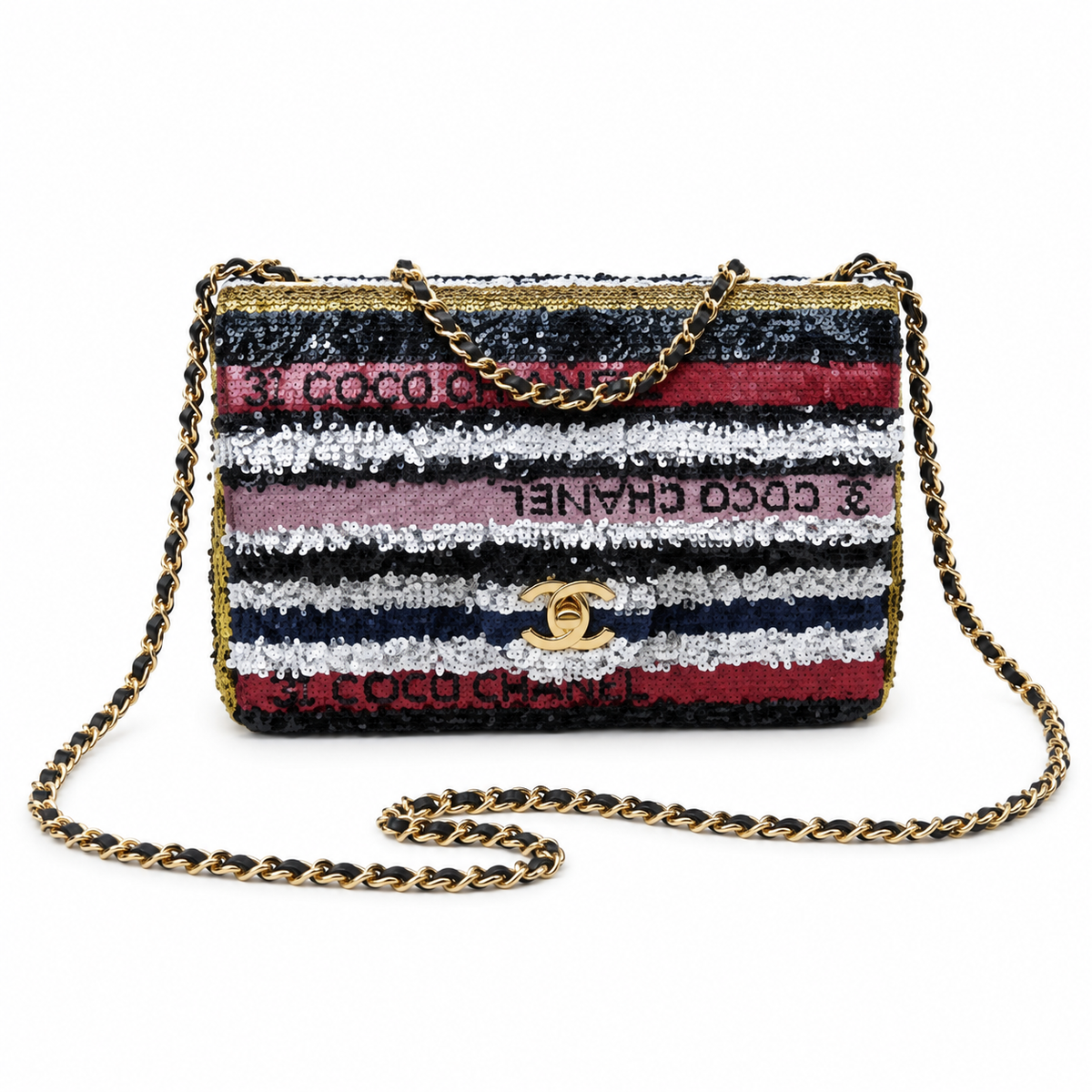 Chanel Multi-Color Sequin Stripe Flap Bag | COCO CHANEL Letter Sequins & Gold CC