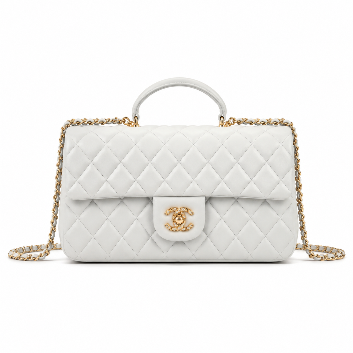 Chanel White Large Diamond-Quilted Lambskin Flap Bag | Crystal CC Turn-Lock & Tonal White Chain