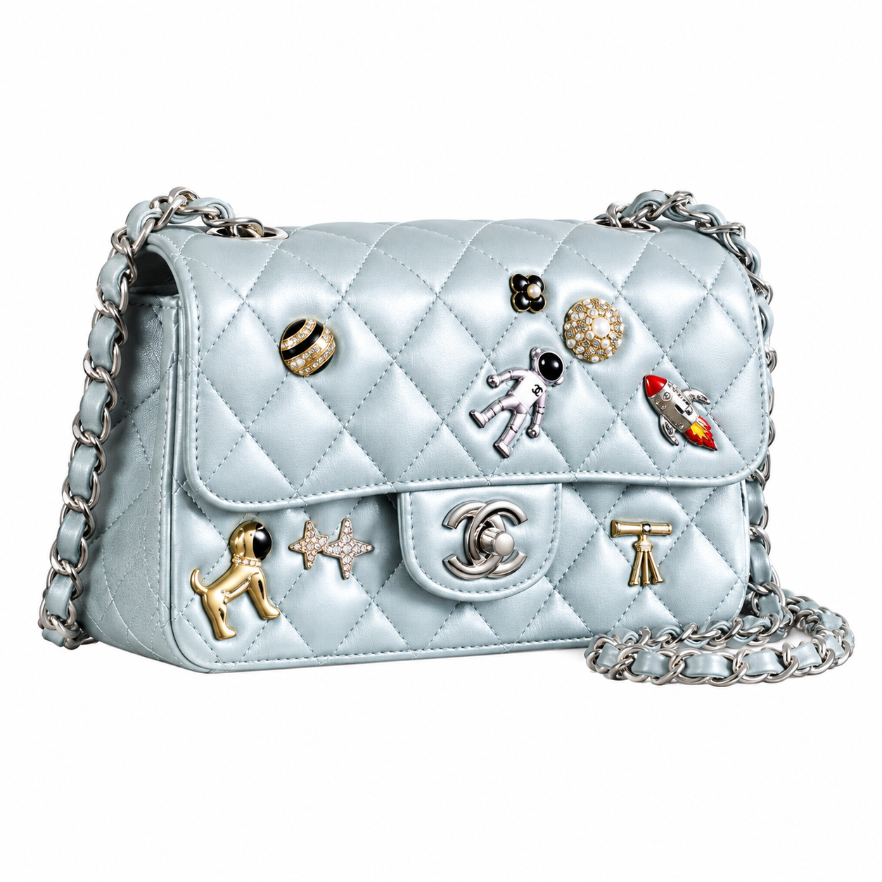 Chanel Mini Classic Flap Space Charm Ice Blue Lambskin Silver 20cm
