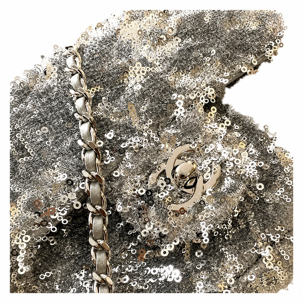 Chanel Silver Ring-Sequin on Grey Bouclé Flap Bag | Three-Register Monochrome Surface & Full Silver-Grey Tonal System