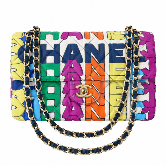 Chanel Multicolor Silk Print Quilted Classic Double Flap Bag 24.5cm