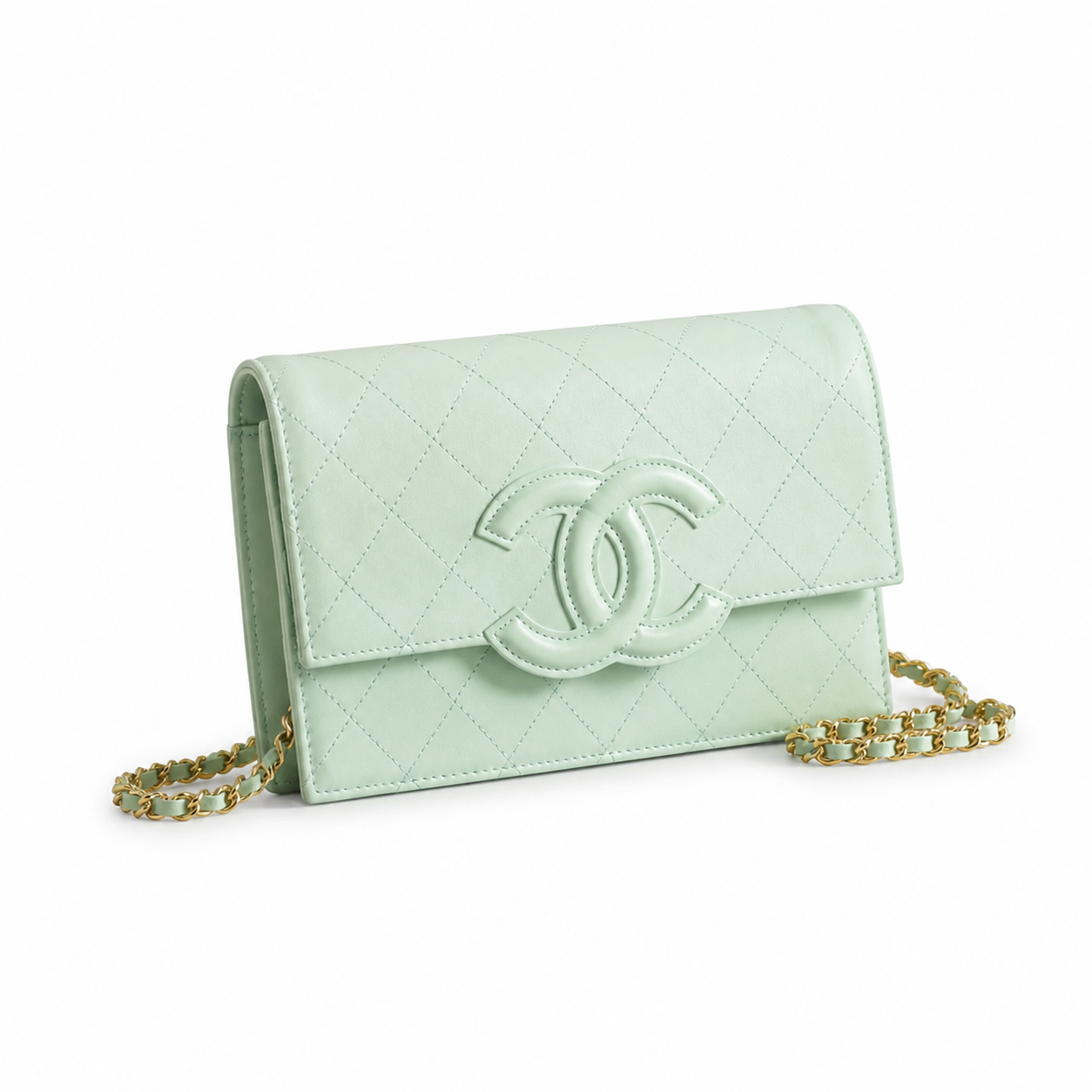 Chanel Mint Green Lambskin WOC | Tone-on-Tone CC & Gold Chain — 19cm