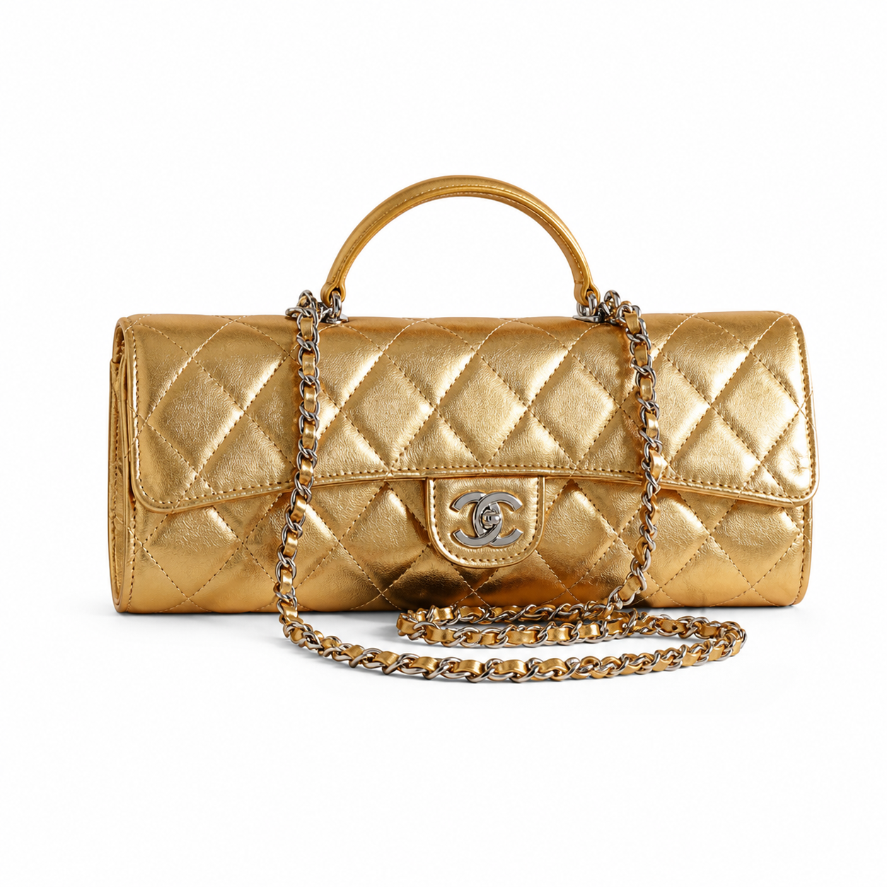Chanel CC Quilted Cylindrical Flap Bag | Gold Metallic & Silver — 25cm
