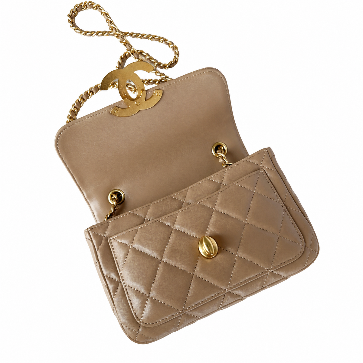 Chanel Small Double Flap Warm Beige Lambskin | Large CC Chain Charm & Chunky Gold Chain — 20cm