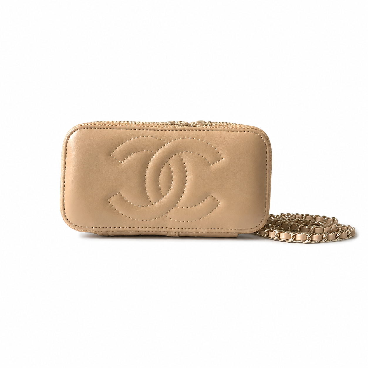 Chanel Natural Raffia Woven Vanity Case | Built-In Mirror, Gold CC Logo & Chain Strap