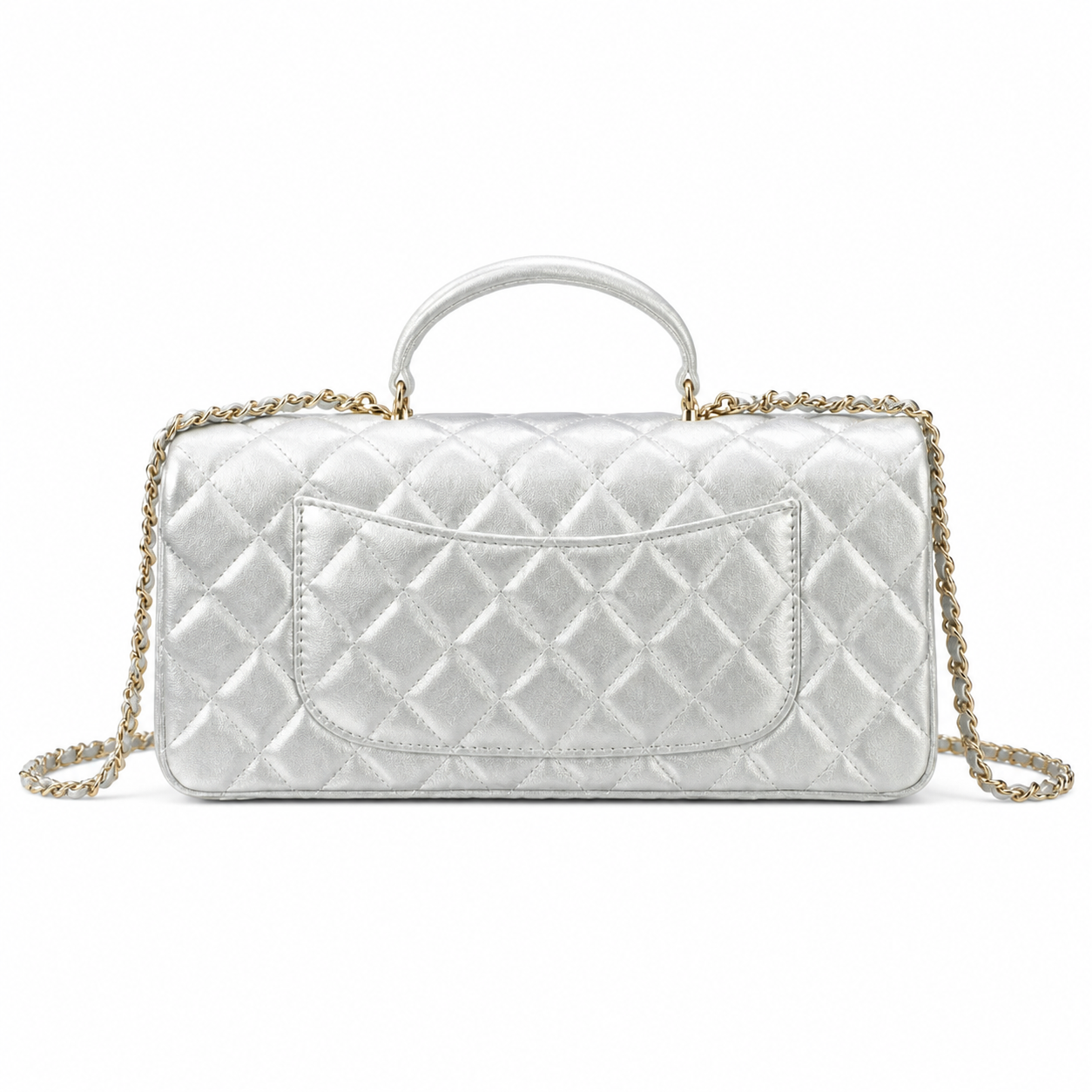 Chanel Mirror Silver Quilted Classic Flap | Top Handle & Back Exterior Pocket — 25cm