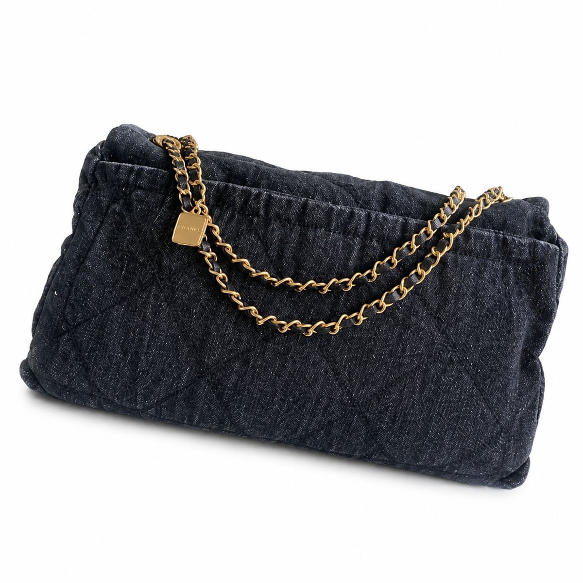Chanel Denim Quilted Flap Bag | CC Turn-Lock Gold Chain Navy — 35x24cm
