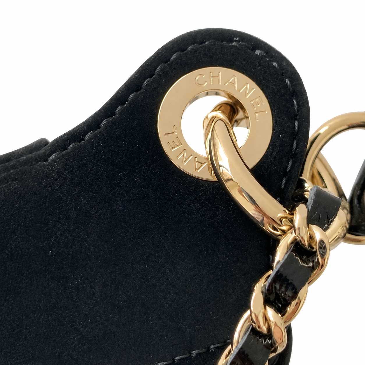 Chanel Black Suede Vertical Quilt Flap Bag | Oversized Gold CC Turn-Lock & CHANEL-Engraved Chain Ring