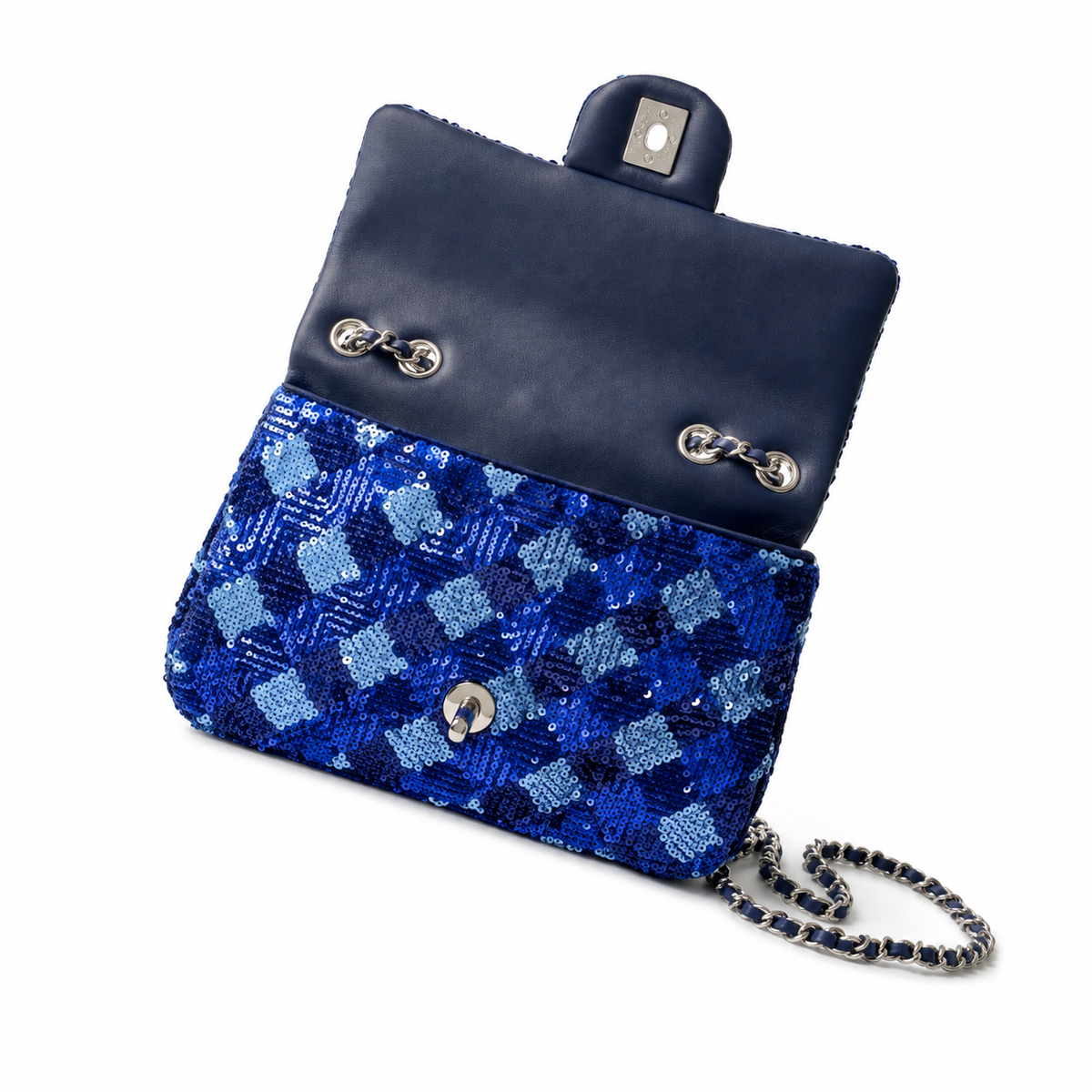 Chanel Royal Blue & Sky Blue Tartan Sequin Flap Bag | Navy Leather Interior, Silver Ball CC & Navy Chain
