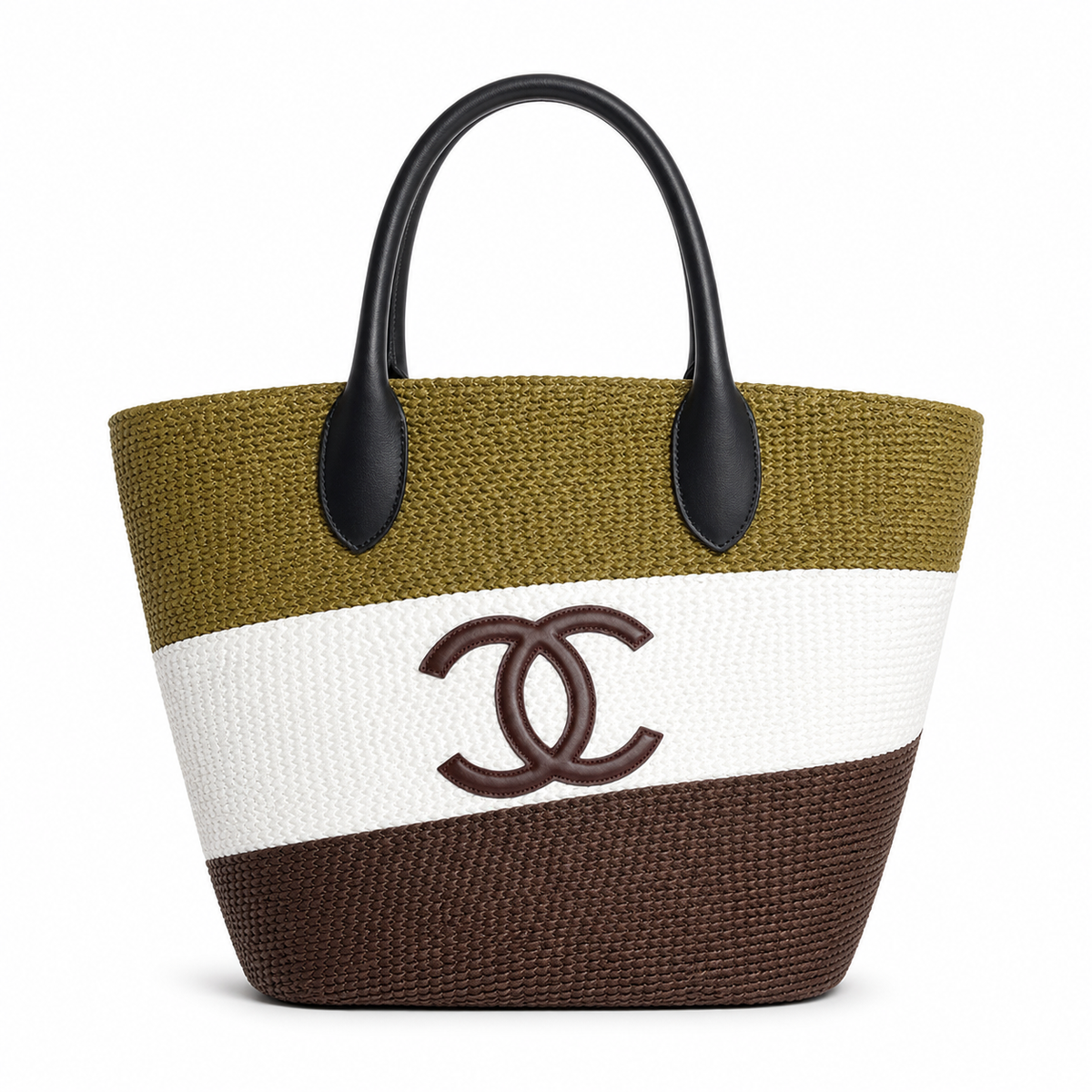 Chanel Olive, Ivory & Espresso Raffia Market Tote | Brown CC on White — 58cm