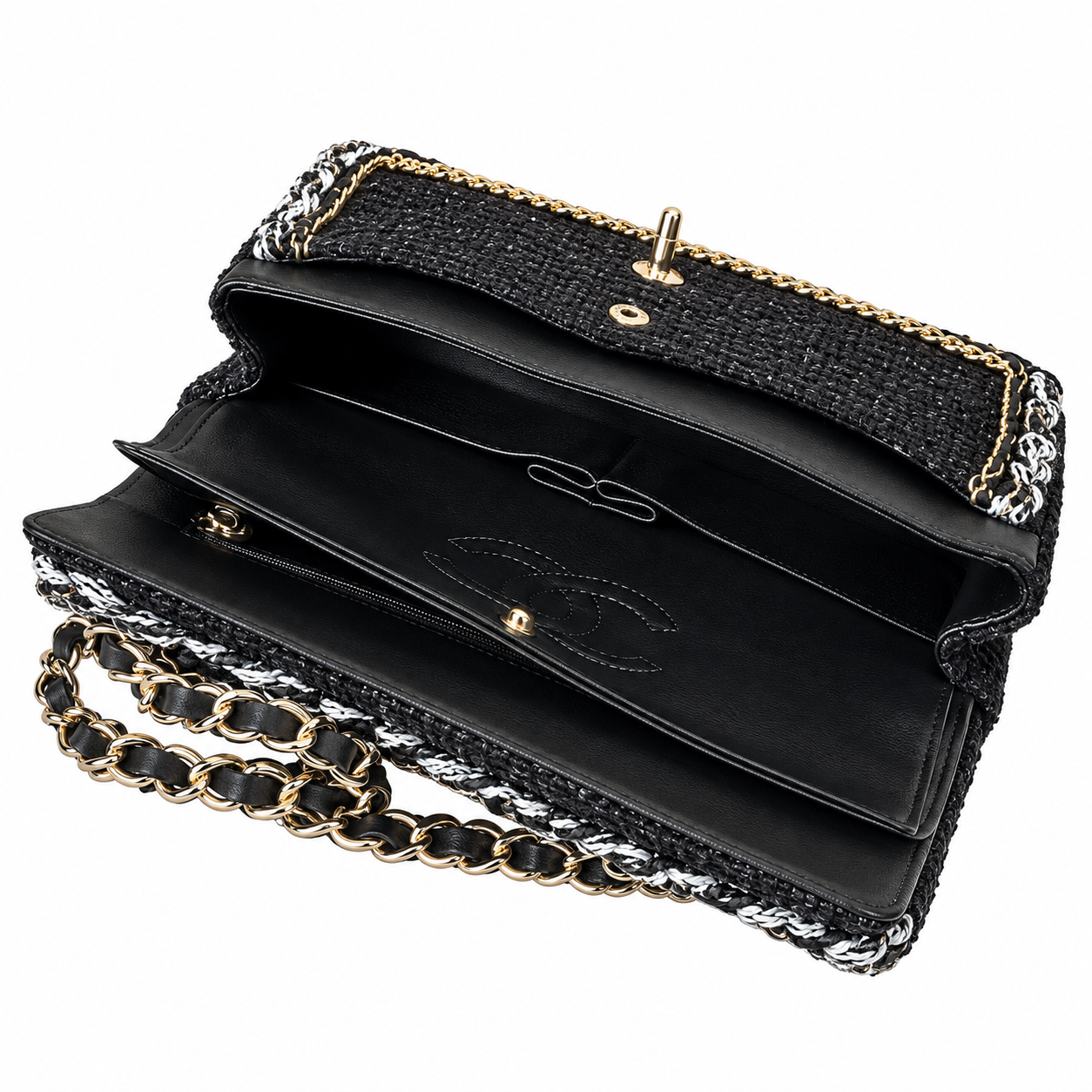 Chanel Classic Double Flap Tweed Black Gold White Trim 25cm