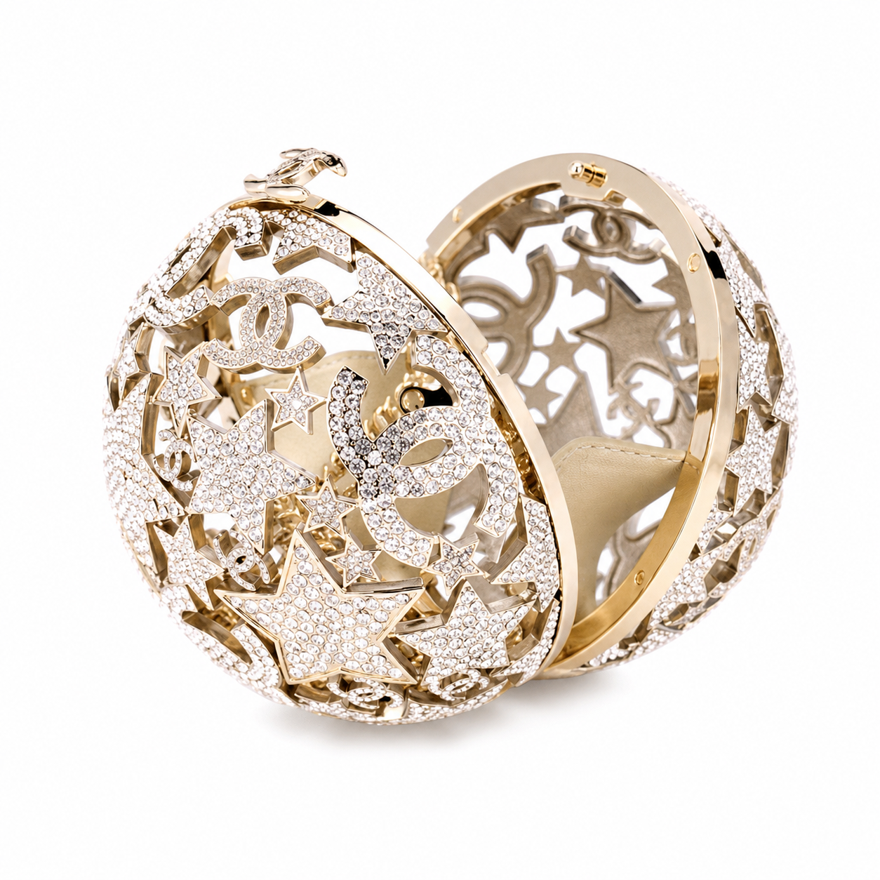 Chanel CC Crystal Star Globe Minaudiere | Gold Filigree & Chain — 13cm
