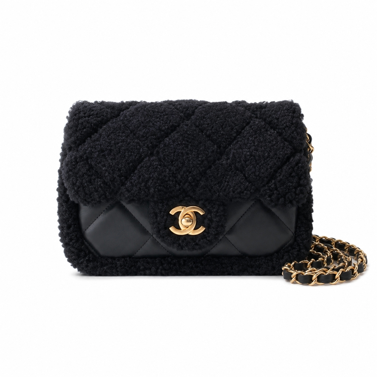 Chanel Shearling Quilted Flap Bag | Gold Leather Chain Black — 12x18cm