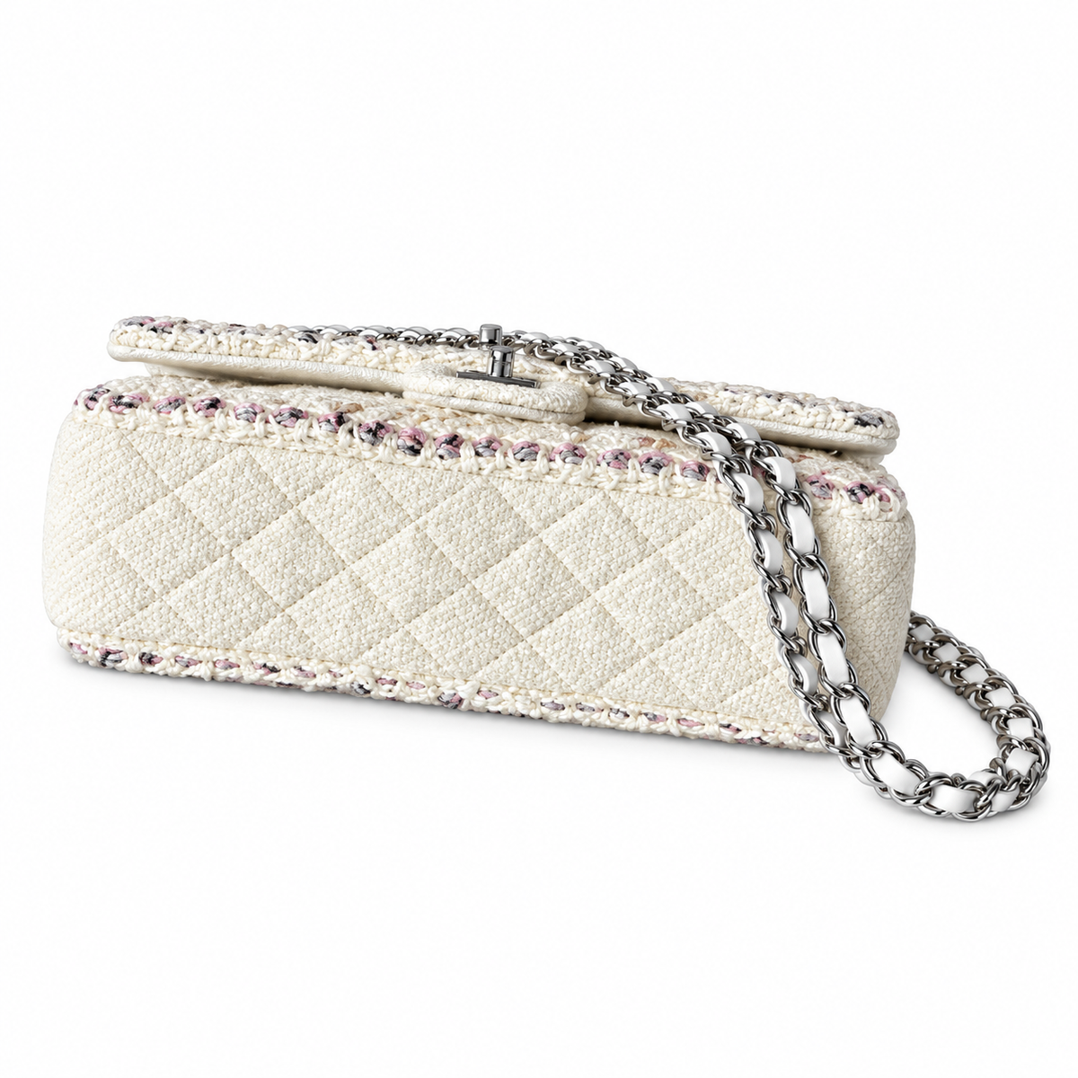 Chanel Classic Flap Quilted Tweed Multicolour Trim Ivory Silver 25cm