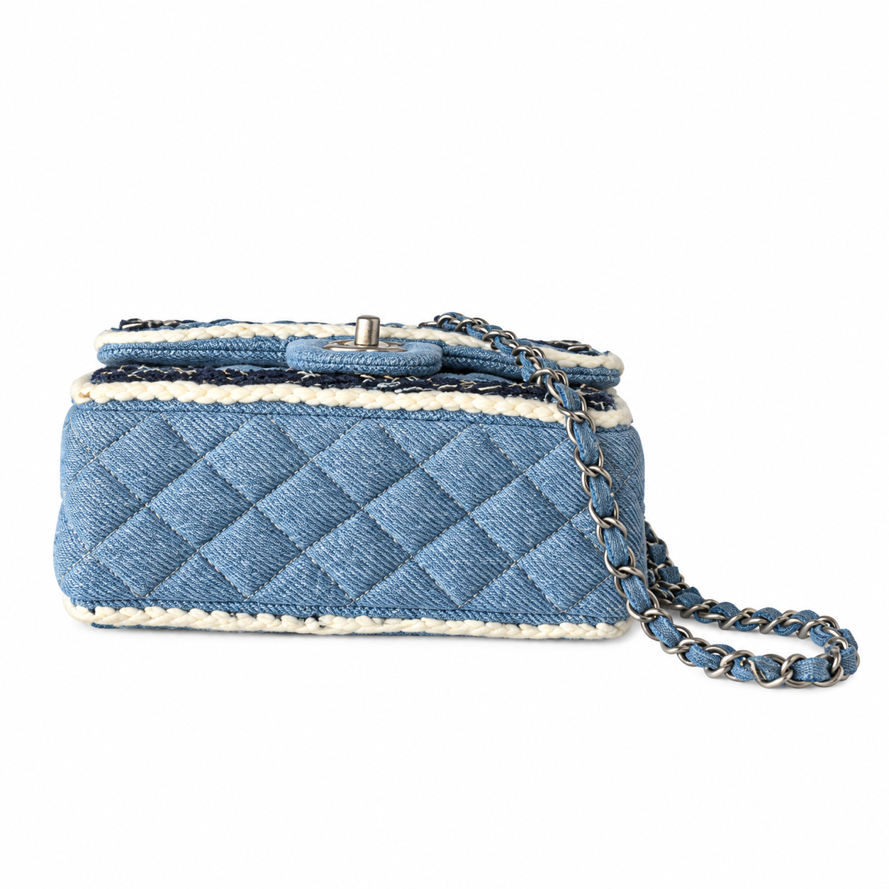 Chanel Quilted Denim Mini Flap Bag White Yarn Trim 20cm