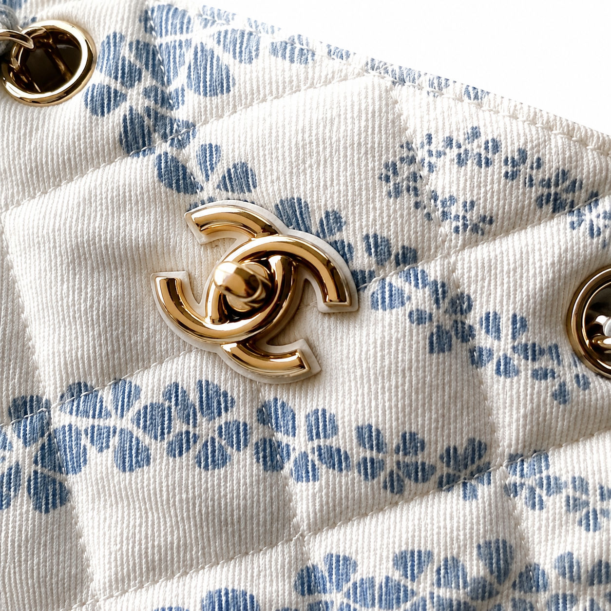 Chanel White & Blue Floral Jacquard Quilted Shopping Tote | White-Rimmed Gold CC Turn-Lock & Gold Chain Shoulder Strap