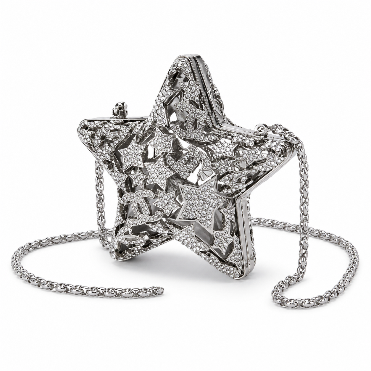 Chanel CC Pavé Crystal Star Minaudiere | Silver Filigree & Chain — 13cm