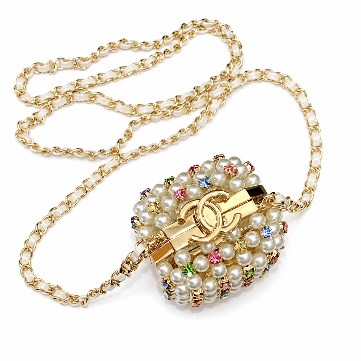 Chanel Cream Pearl Minaudère Box Bag | Rhinestones & Pearl-Interwoven Chain — 8cm