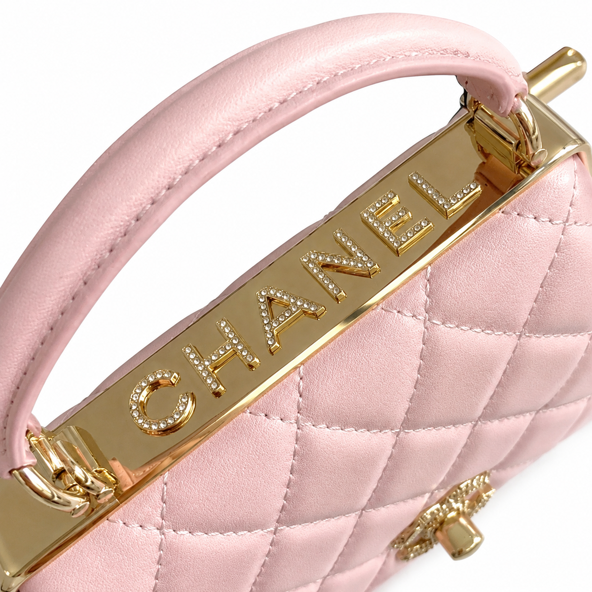 Chanel Sakura Pink Quilted Flap Bag | Crystal Pavé CHANEL Letter Frame Bar, Cylindrical Top Handle & Satin Interior