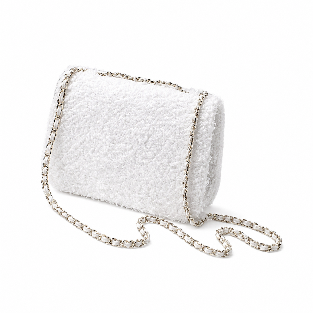 Chanel White Bouclé & Pearl Sequin Flap Bag | Conditionally Visible Embellishment, Silver CC & Bare Chain