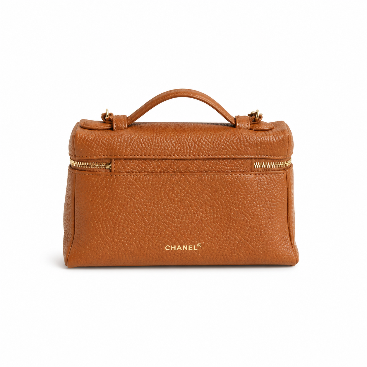 Chanel Caramel Caviar Mini Vanity Case | CC Turn-Lock & Front Zip Pocket — 19cm