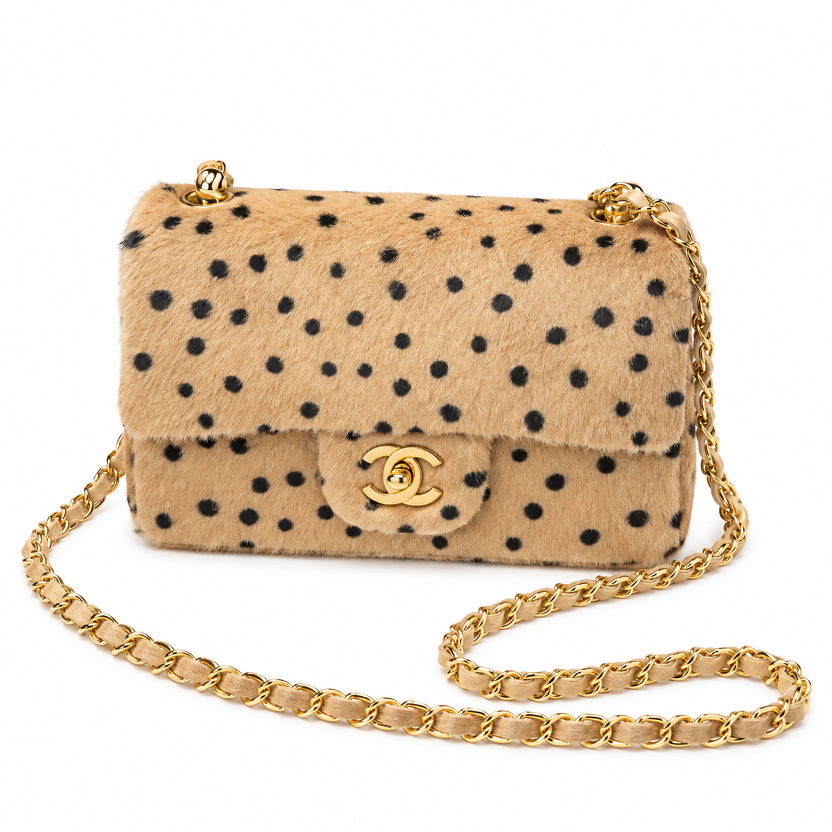 Chanel Polka Dot Shearling Mini Classic Flap Bag Beige Black 20cm