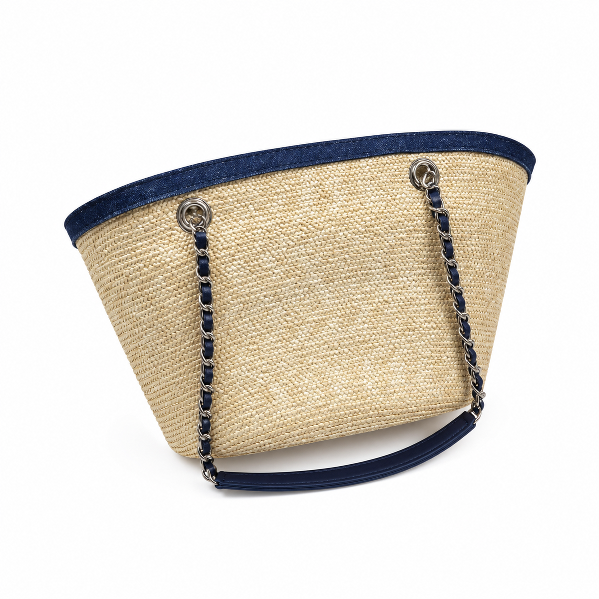 Chanel Small Basket Bag Natural Raffia & Navy Quilted Denim | Silver CC Turn-Lock — 41cm