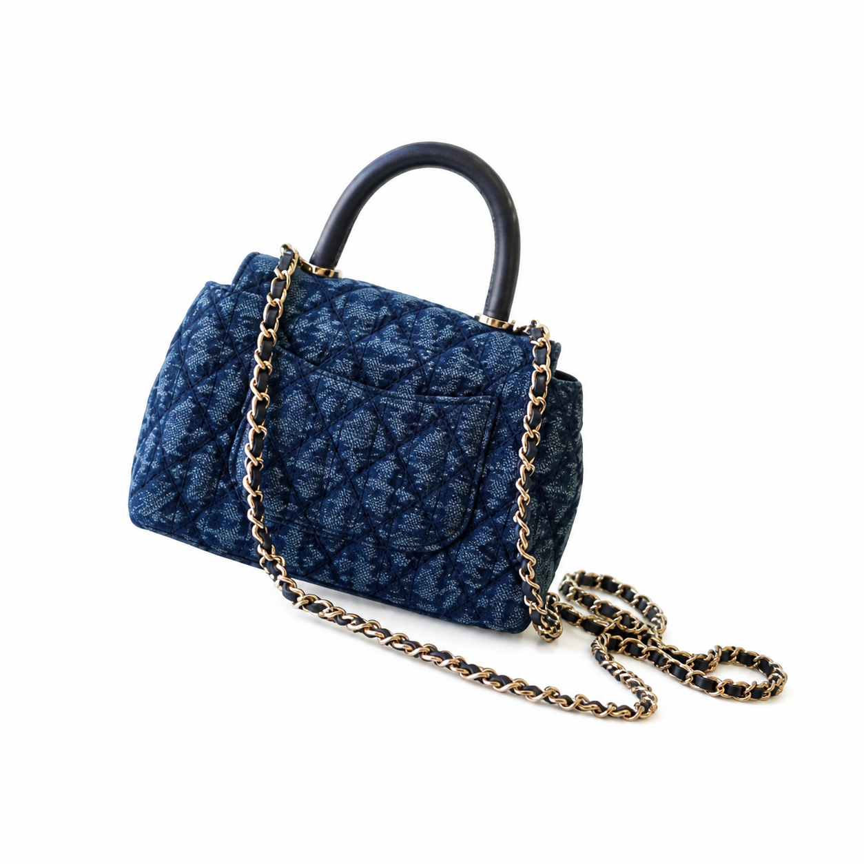 Chanel Coco Handle Quilted Denim Mini Flap | Navy & Gold Chain — 11cm