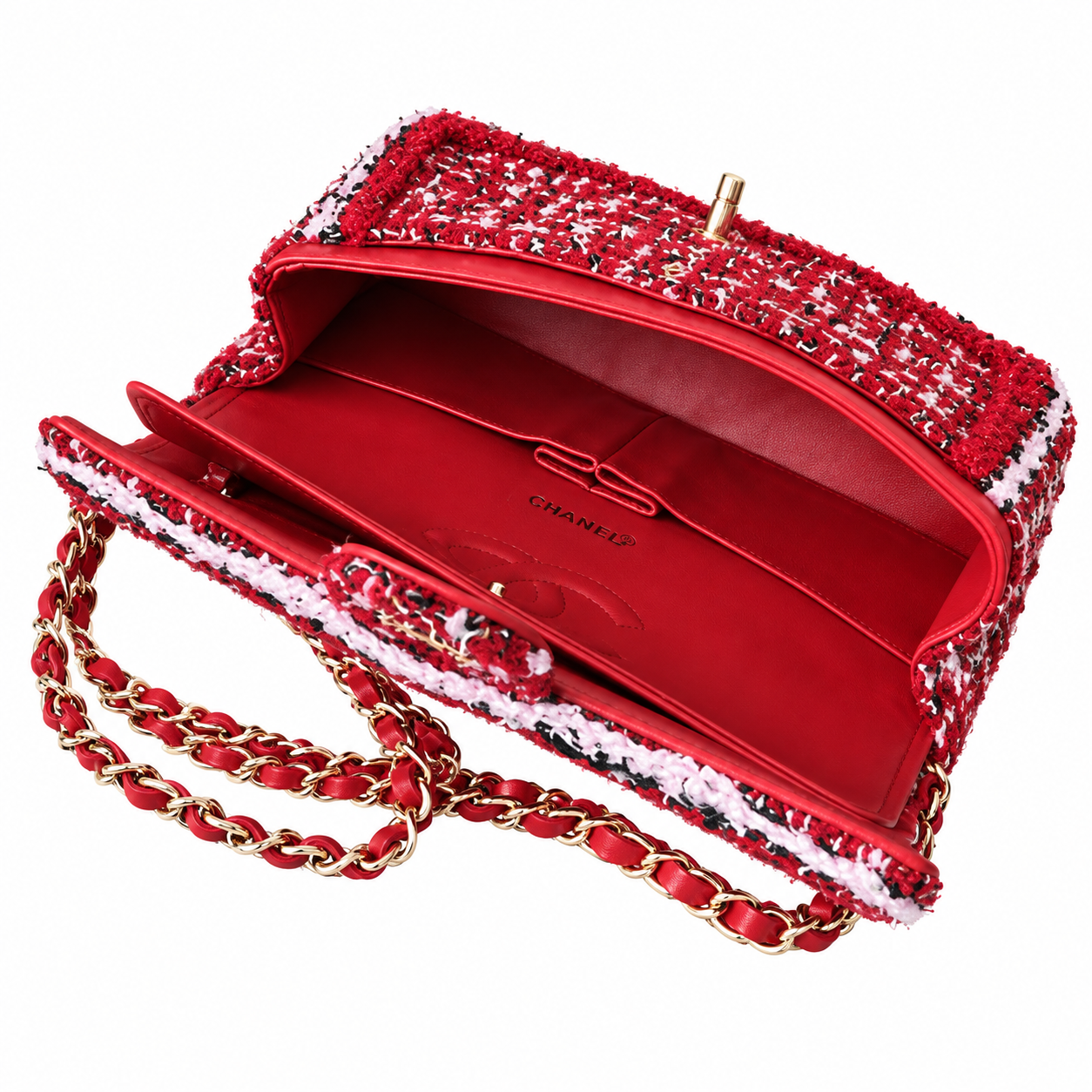 Chanel Classic Double Flap Tweed Red Pink Black White Gold 25cm