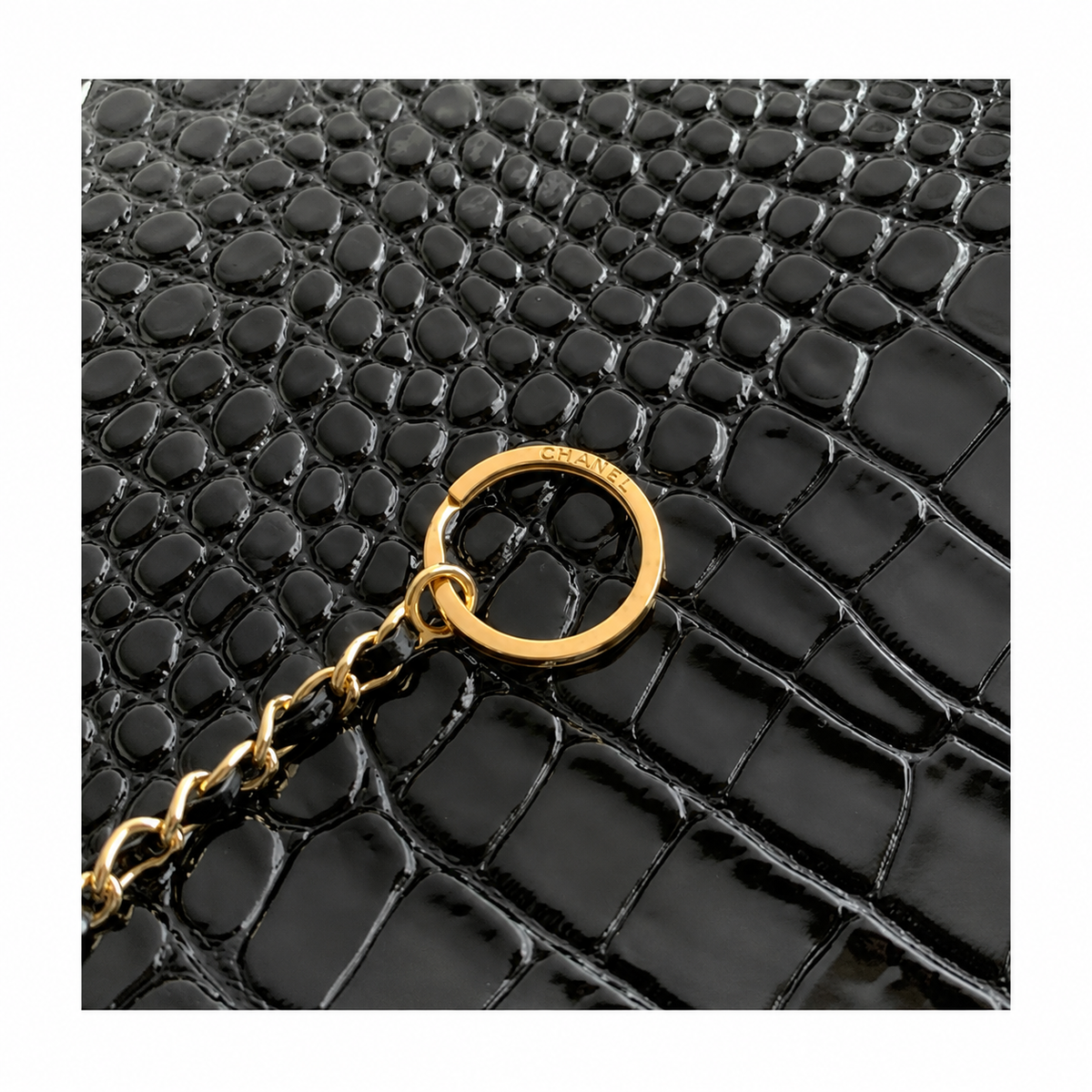 Chanel Black High-Gloss Croc-Embossed Large Shopping Tote | Gold CC Turn-Lock & Chain Zip Pocket
