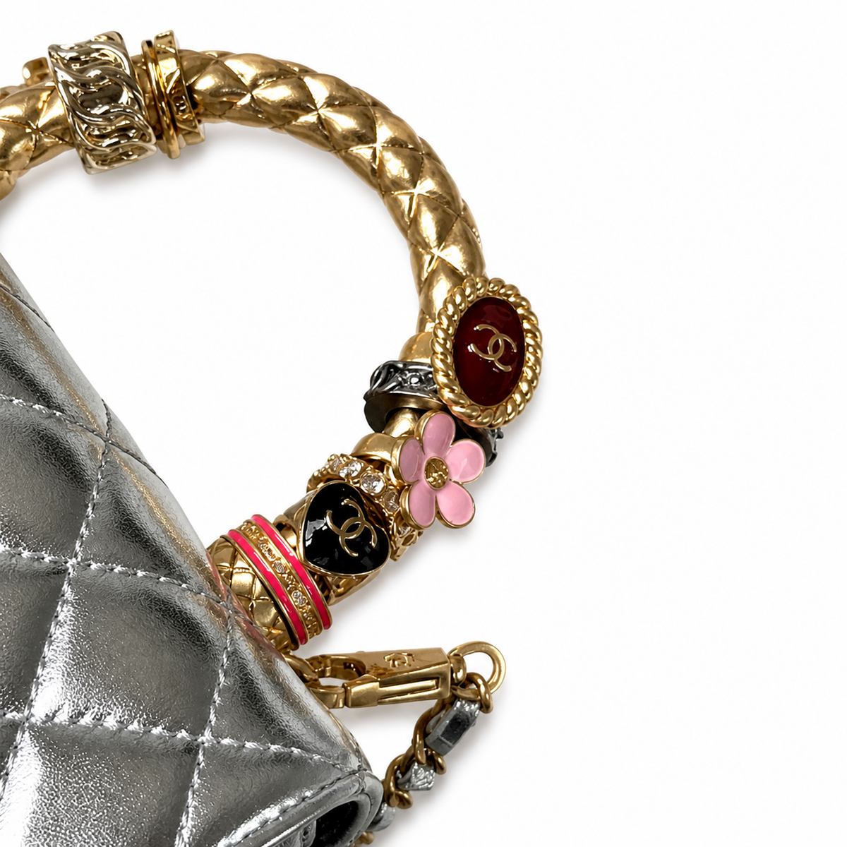 Chanel Silver Quilted Lambskin Mini Flap | Jeweled Gold Handle & Ruby Gemstone — 19cm