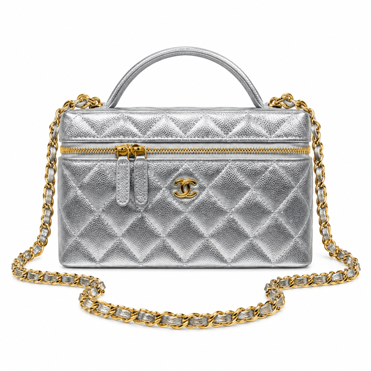 Chanel Quilted Silver Metallic Vanity Case Bag Pearl Chain 19.5cm