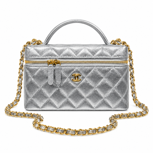 Chanel Quilted Silver Metallic Vanity Case Bag Pearl Chain 19.5cm