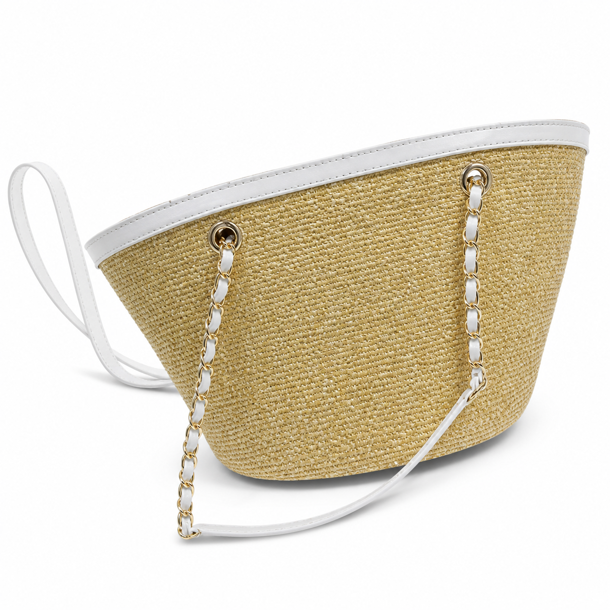Chanel Small Basket Bag Natural Raffia & White Quilted Lambskin | Silver CC Turn-Lock — 41cm
