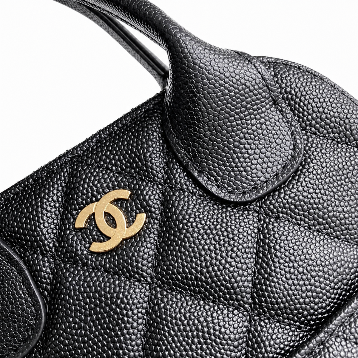Chanel Black Caviar Quilted Mini Bucket Bag | Gold CC Logo, Silver Chain & Round Caviar Top Handle