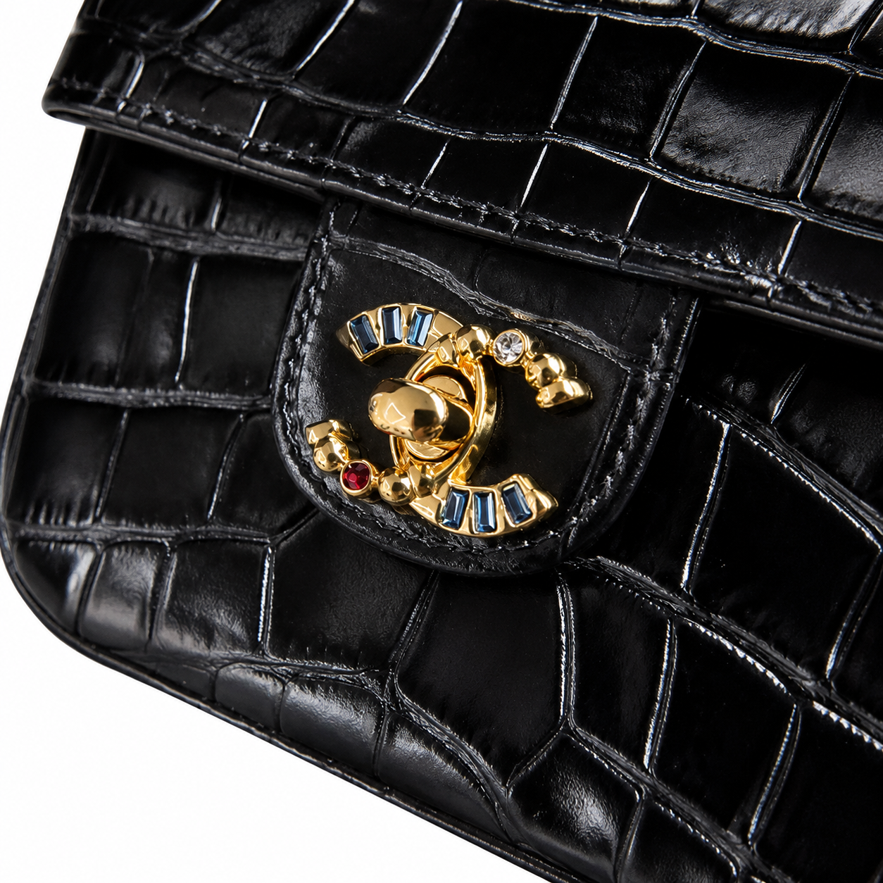 Chanel Black High-Gloss Croc-Embossed Flap Bag | Black Crystal CC Turn-Lock & Letter Charm Chain