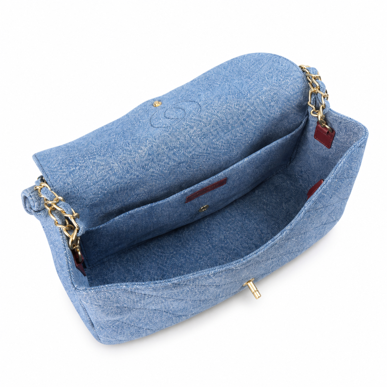 Chanel Classic Double Flap Bag Light Blue Quilted Denim | Gold Chain & Burgundy Zip Accents — 32cm