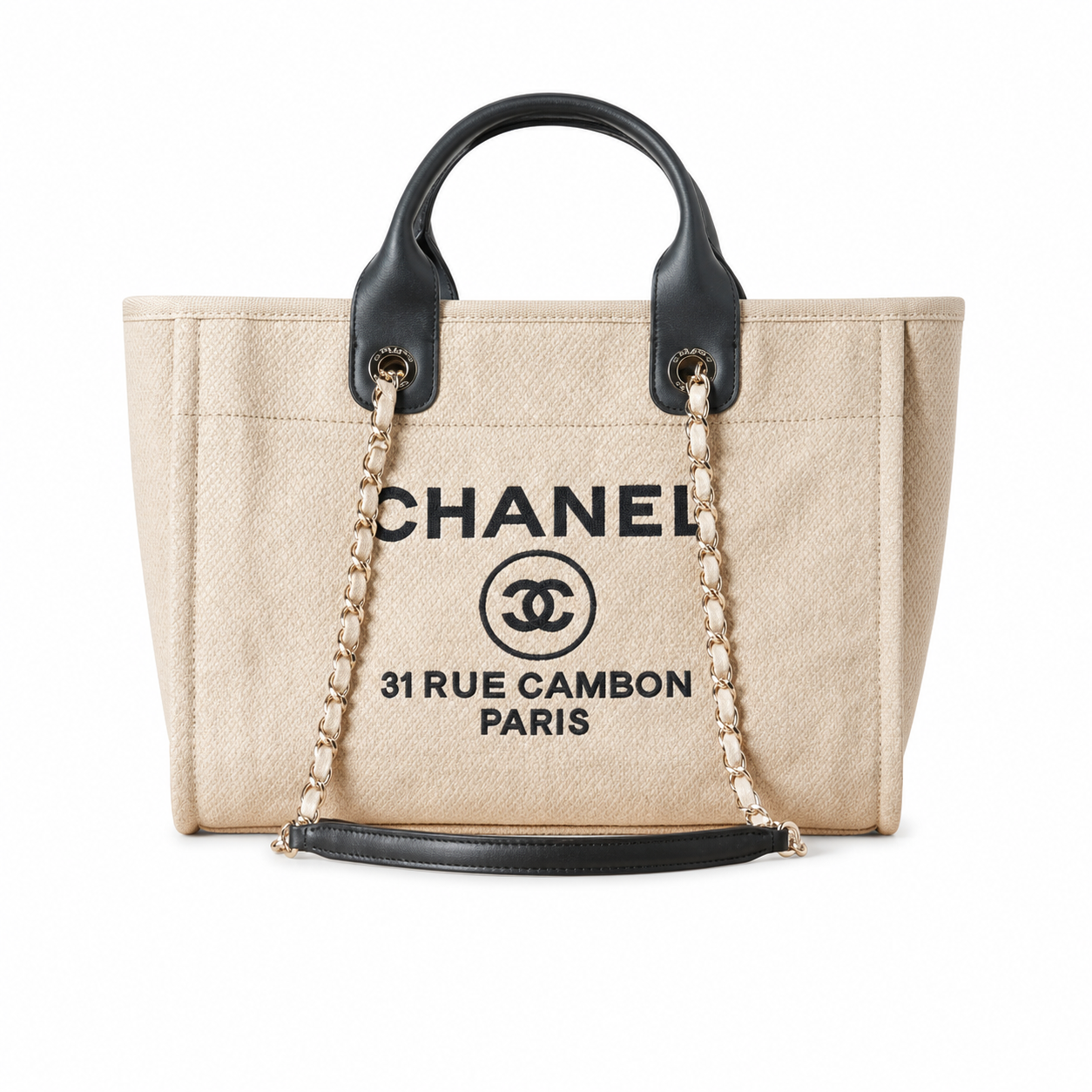 Chanel Deauville Large Tote Natural Ecru Canvas | CHANEL 31 Rue Cambon Paris Print — 39cm